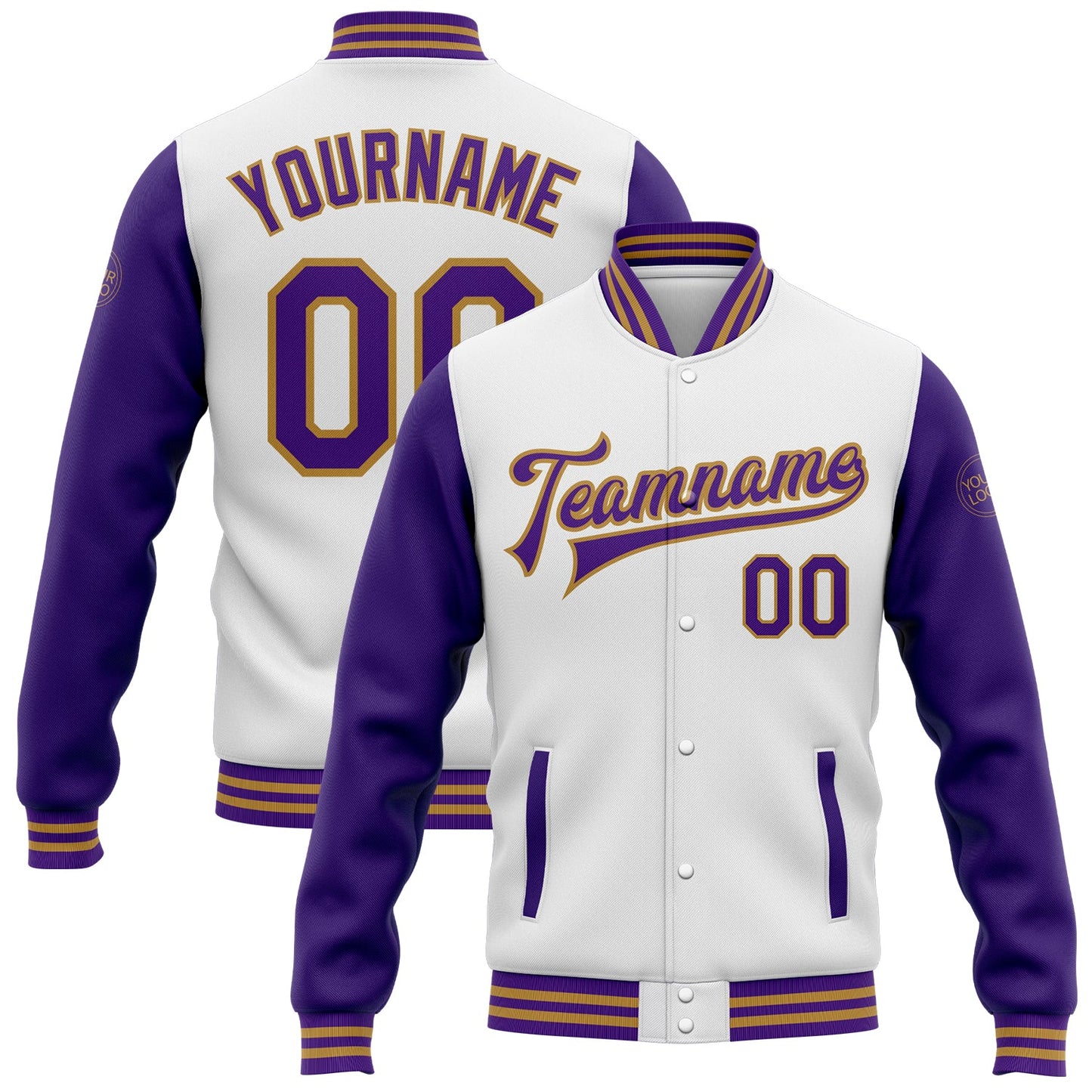Custom White Purple-Old Gold Bomber Full-Snap Varsity Letterman Two Tone Jacket - Main View