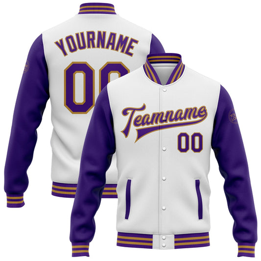 Custom White Purple-Old Gold Bomber Full-Snap Varsity Letterman Two Tone Jacket - Main View