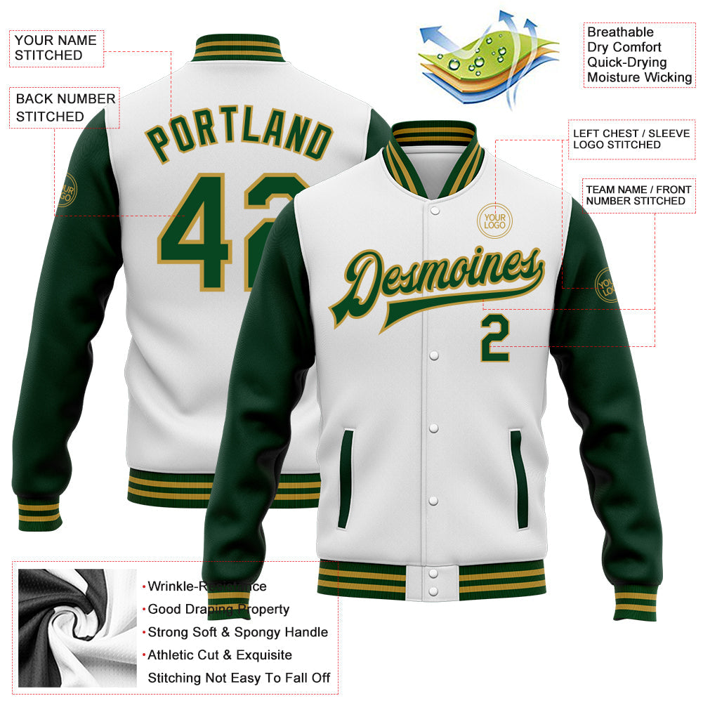 Custom White Green-Old Gold Bomber Full-Snap Varsity Letterman Two Tone Jacket view 4