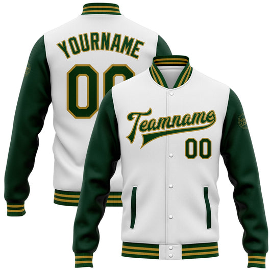 Custom White Green-Old Gold Bomber Full-Snap Varsity Letterman Two Tone Jacket - Main View