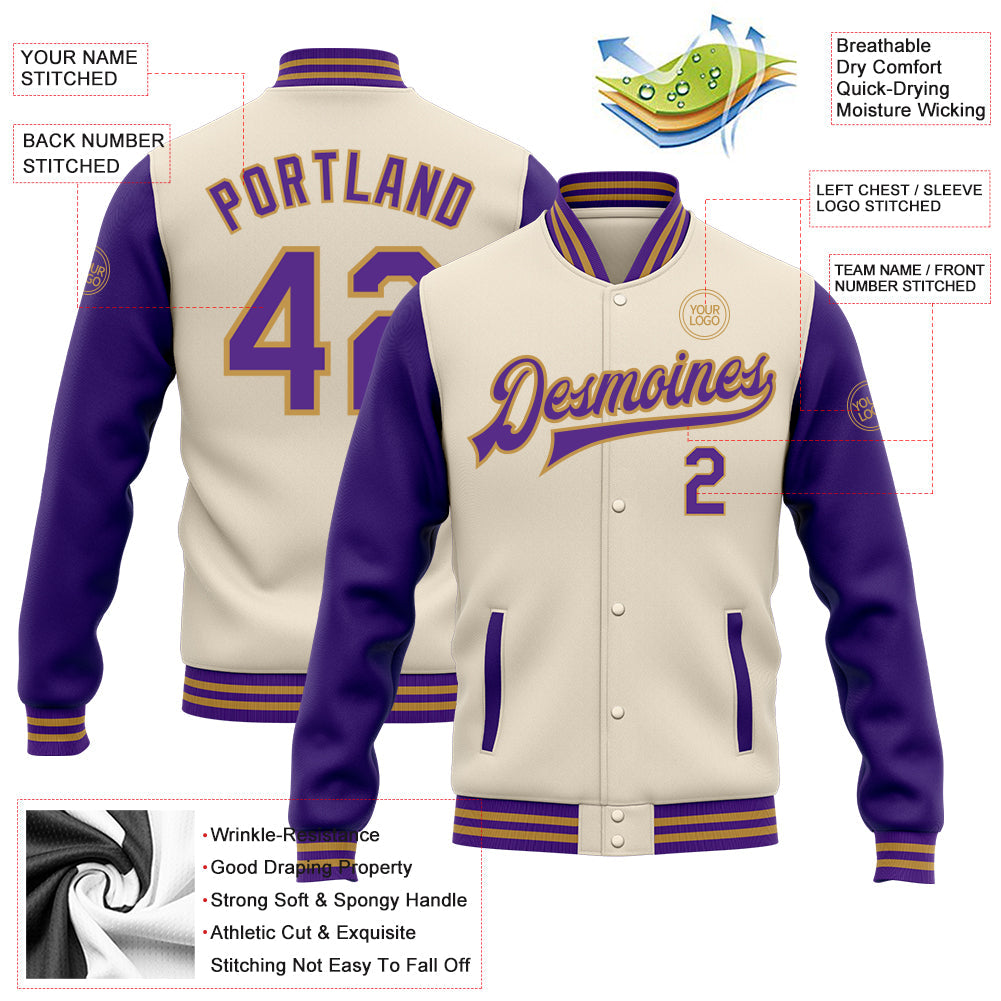 Custom Cream Purple-Old Gold Bomber Full-Snap Varsity Letterman Two Tone Jacket view 4