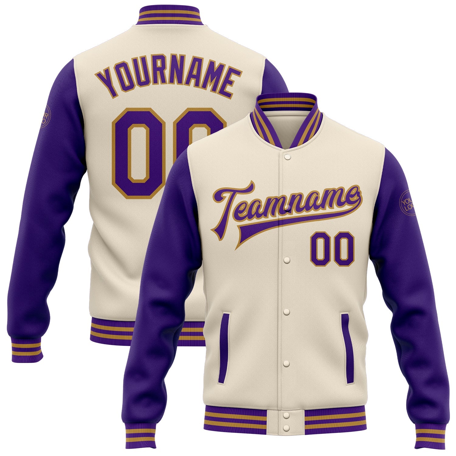Custom Cream Purple-Old Gold Bomber Full-Snap Varsity Letterman Two Tone Jacket - Main View
