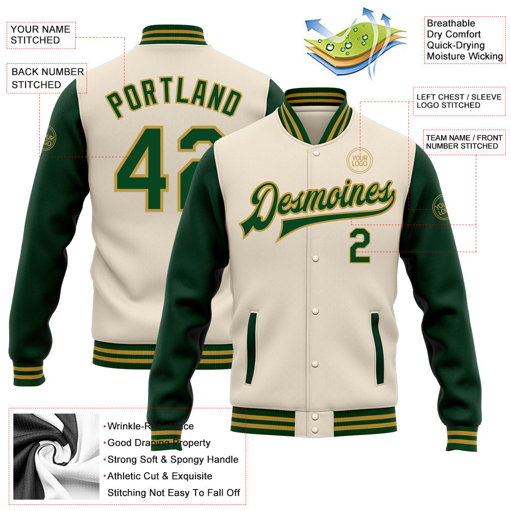 Custom Cream Green-Old Gold Bomber Full-Snap Varsity Letterman Two Tone Jacket view 4