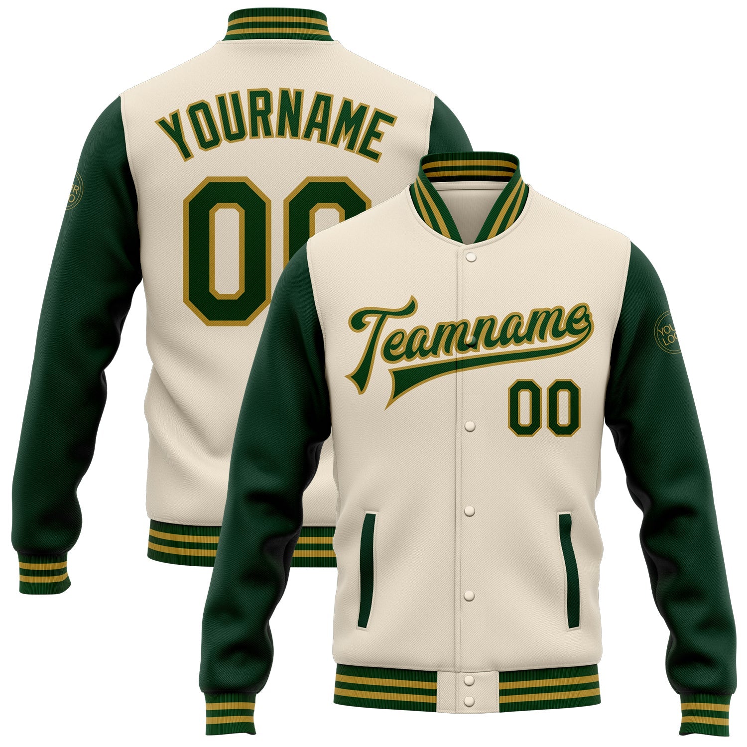 Custom Cream Green-Old Gold Bomber Full-Snap Varsity Letterman Two Tone Jacket - Main View