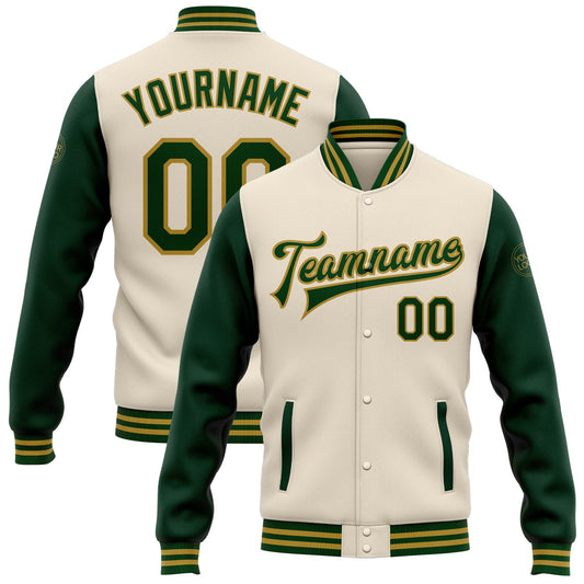 Custom Cream Green-Old Gold Bomber Full-Snap Varsity Letterman Two Tone Jacket - Main View