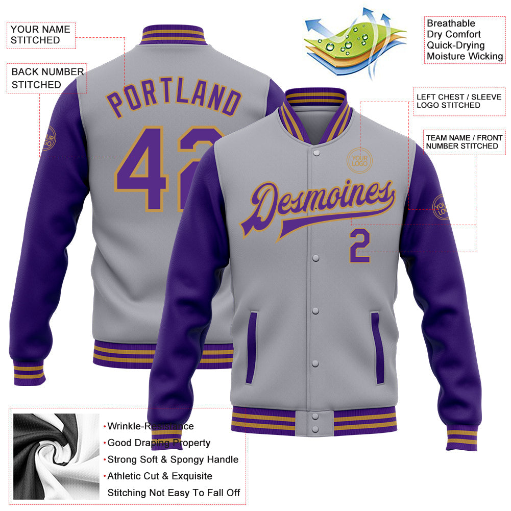 Custom Gray Purple-Old Gold Bomber Full-Snap Varsity Letterman Two Tone Jacket view 4
