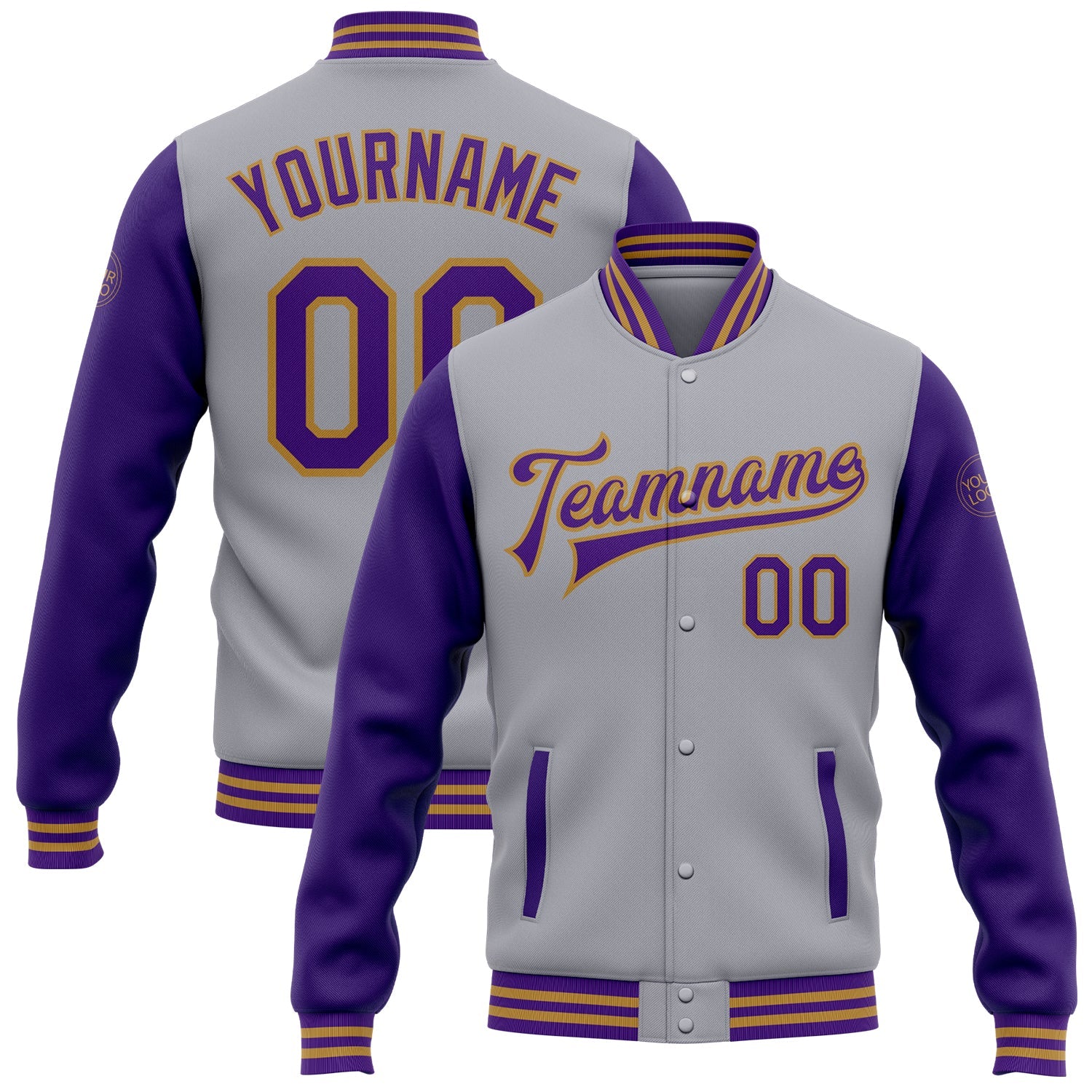 Custom Gray Purple-Old Gold Bomber Full-Snap Varsity Letterman Two Tone Jacket - Main View
