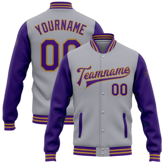 Custom Gray Purple-Old Gold Bomber Full-Snap Varsity Letterman Two Tone Jacket - Main View