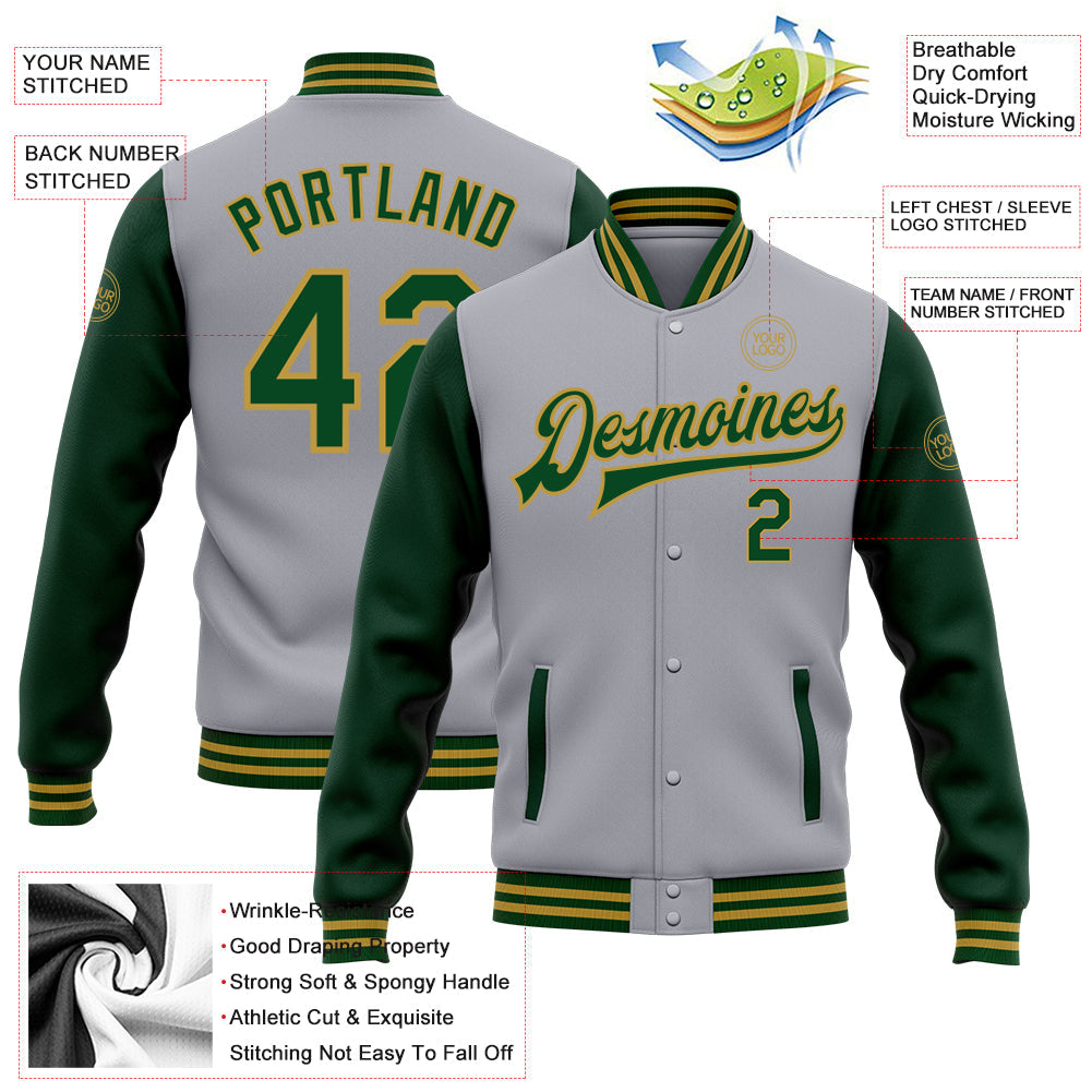 Custom Gray Green-Old Gold Bomber Full-Snap Varsity Letterman Two Tone Jacket view 4