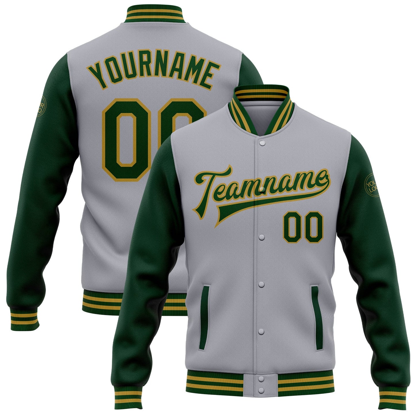 Custom Gray Green-Old Gold Bomber Full-Snap Varsity Letterman Two Tone Jacket - Main View