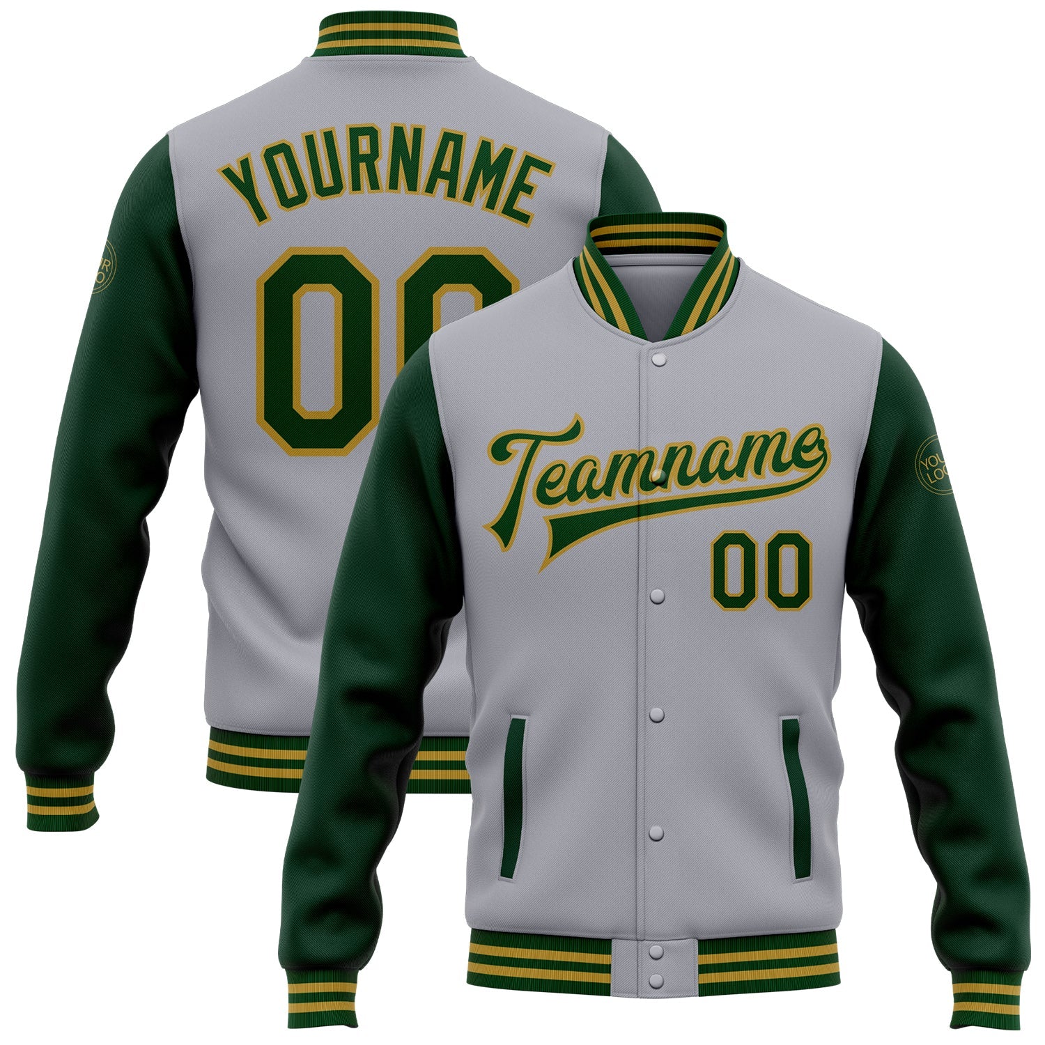 Custom Gray Green-Old Gold Bomber Full-Snap Varsity Letterman Two Tone Jacket - Main View