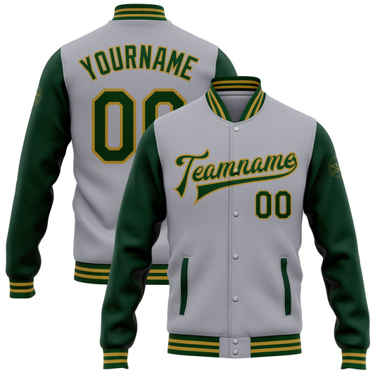 Custom Gray Green-Old Gold Bomber Full-Snap Varsity Letterman Two Tone Jacket - Main View