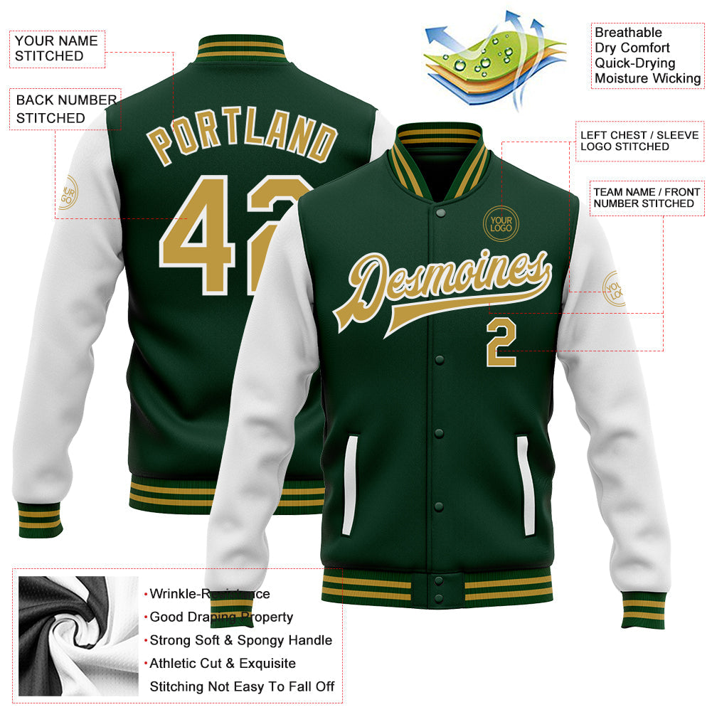Custom Green Old Gold-White Bomber Full-Snap Varsity Letterman Two Tone Jacket view 4