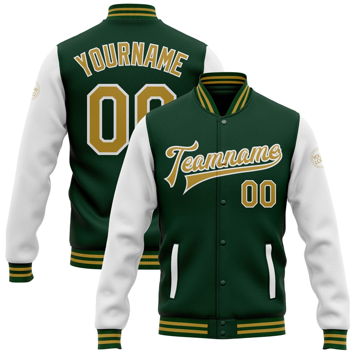 Custom Green Old Gold-White Bomber Full-Snap Varsity Letterman Two Tone Jacket - Main View