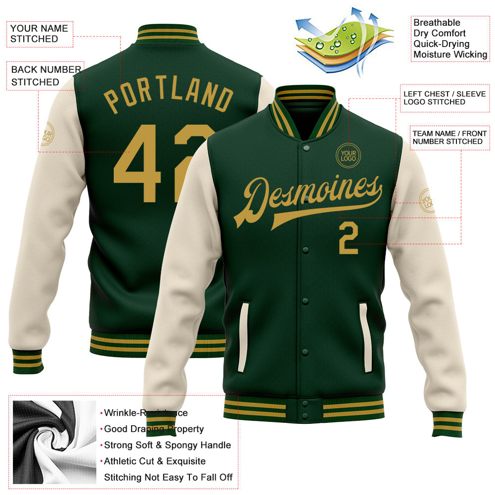 Custom Green Old Gold-Cream Bomber Full-Snap Varsity Letterman Two Tone Jacket view 4