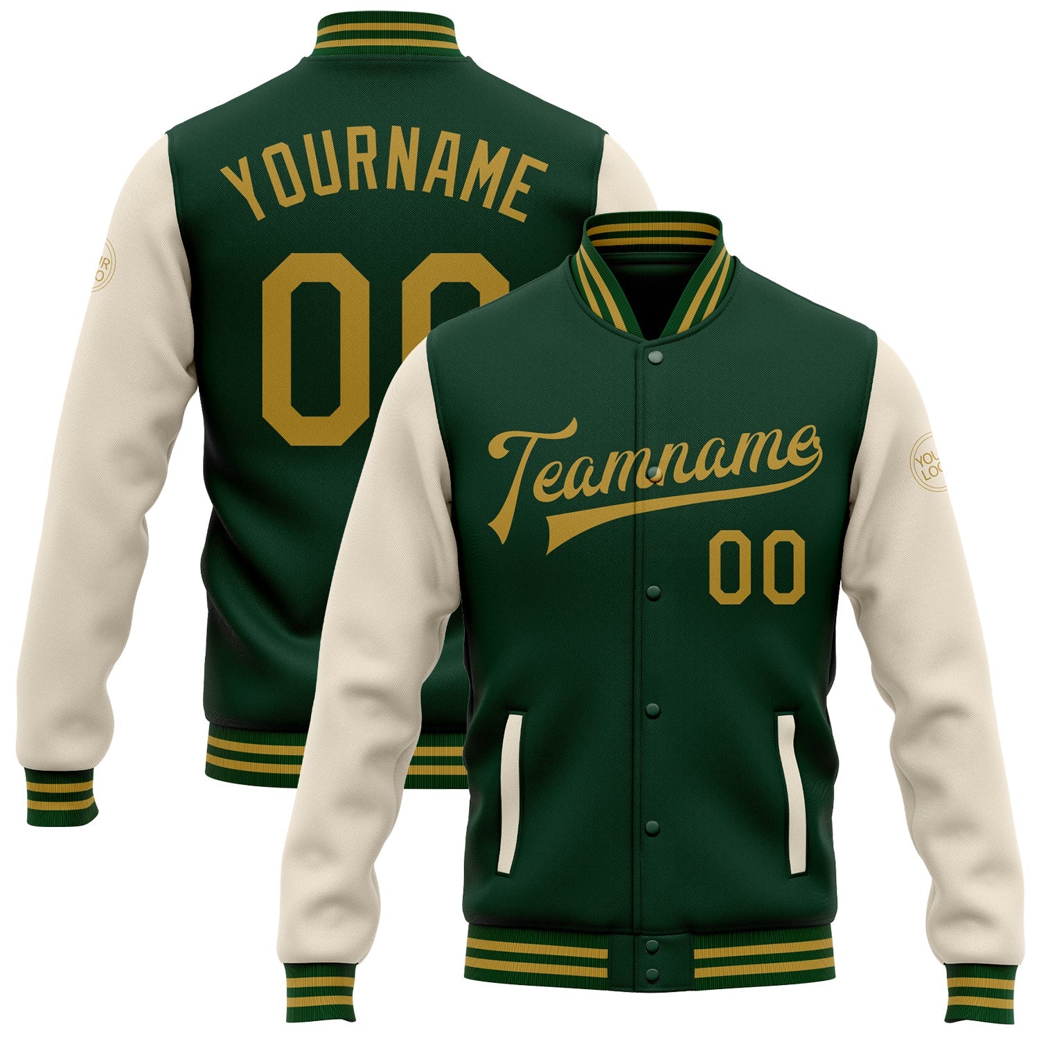 Custom Green Old Gold-Cream Bomber Full-Snap Varsity Letterman Two Tone Jacket - Main View