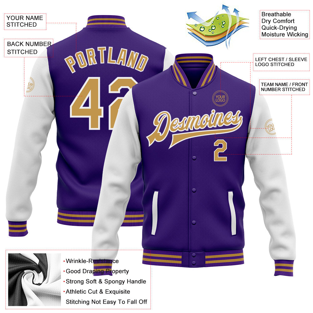 Custom Purple Old Gold-White Bomber Full-Snap Varsity Letterman Two Tone Jacket view 4