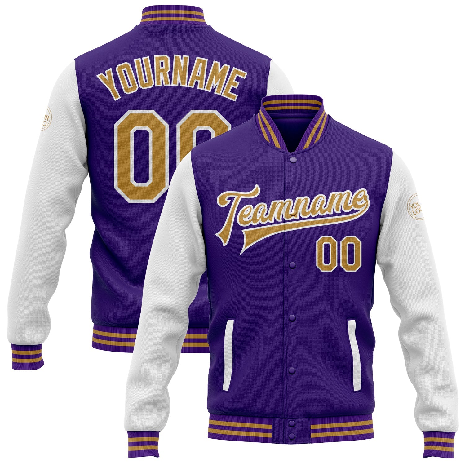 Custom Purple Old Gold-White Bomber Full-Snap Varsity Letterman Two Tone Jacket - Main View