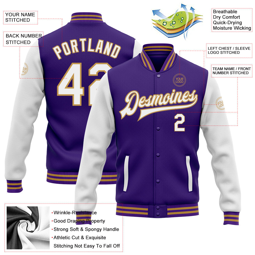 Custom Purple White-Old Gold Bomber Full-Snap Varsity Letterman Two Tone Jacket view 4