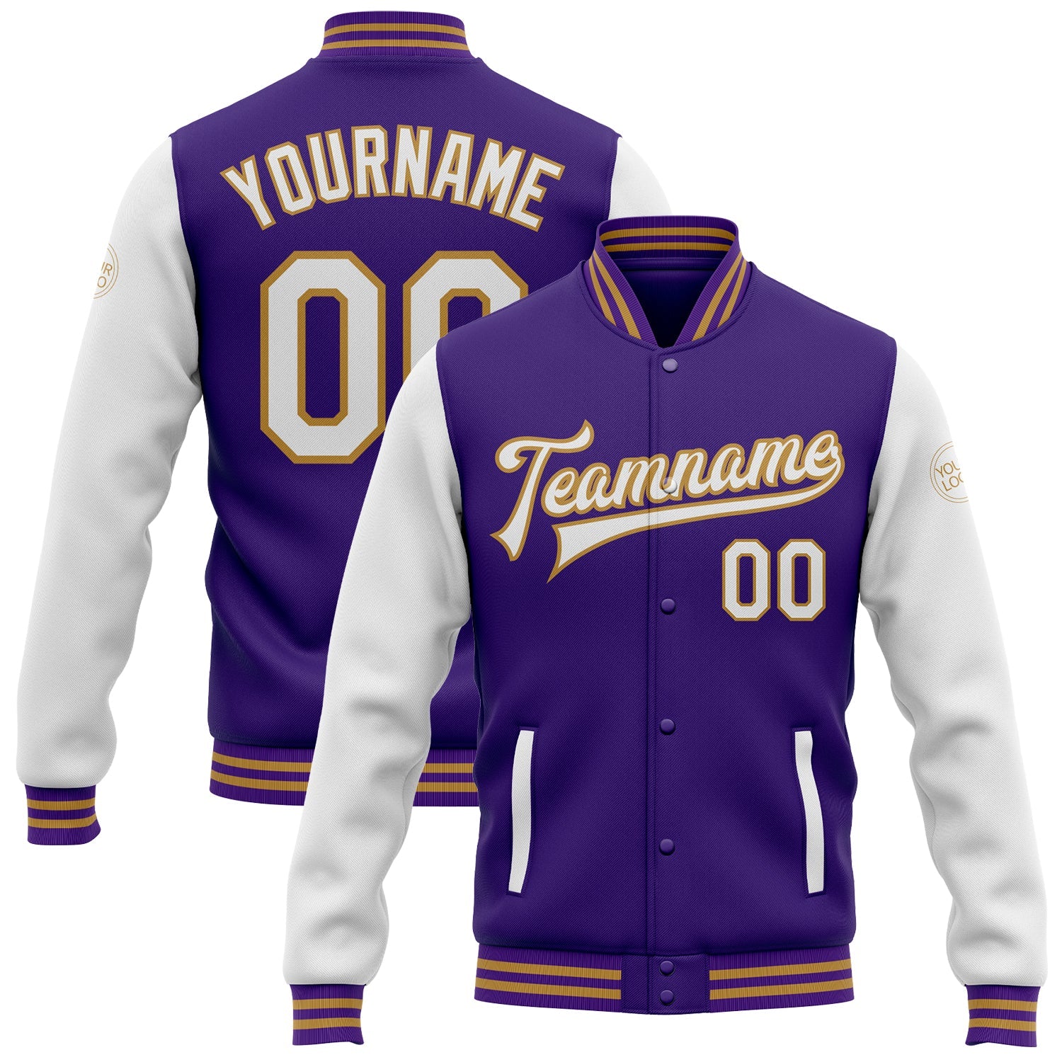 Custom Purple White-Old Gold Bomber Full-Snap Varsity Letterman Two Tone Jacket - Main View