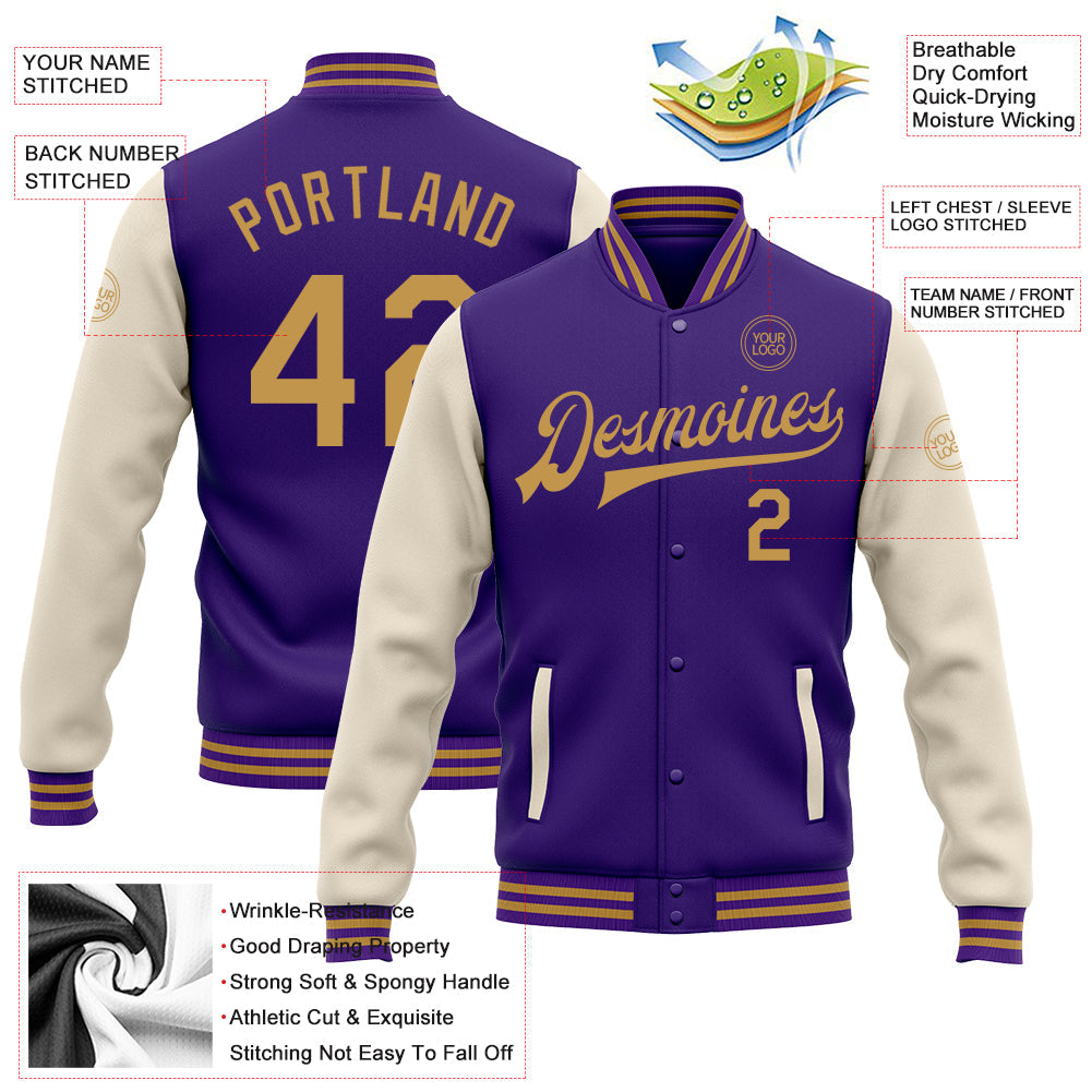 Custom Purple Old Gold-Cream Bomber Full-Snap Varsity Letterman Two Tone Jacket view 4