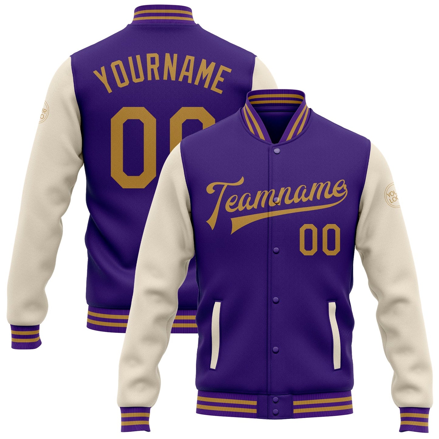 Custom Purple Old Gold-Cream Bomber Full-Snap Varsity Letterman Two Tone Jacket - Main View