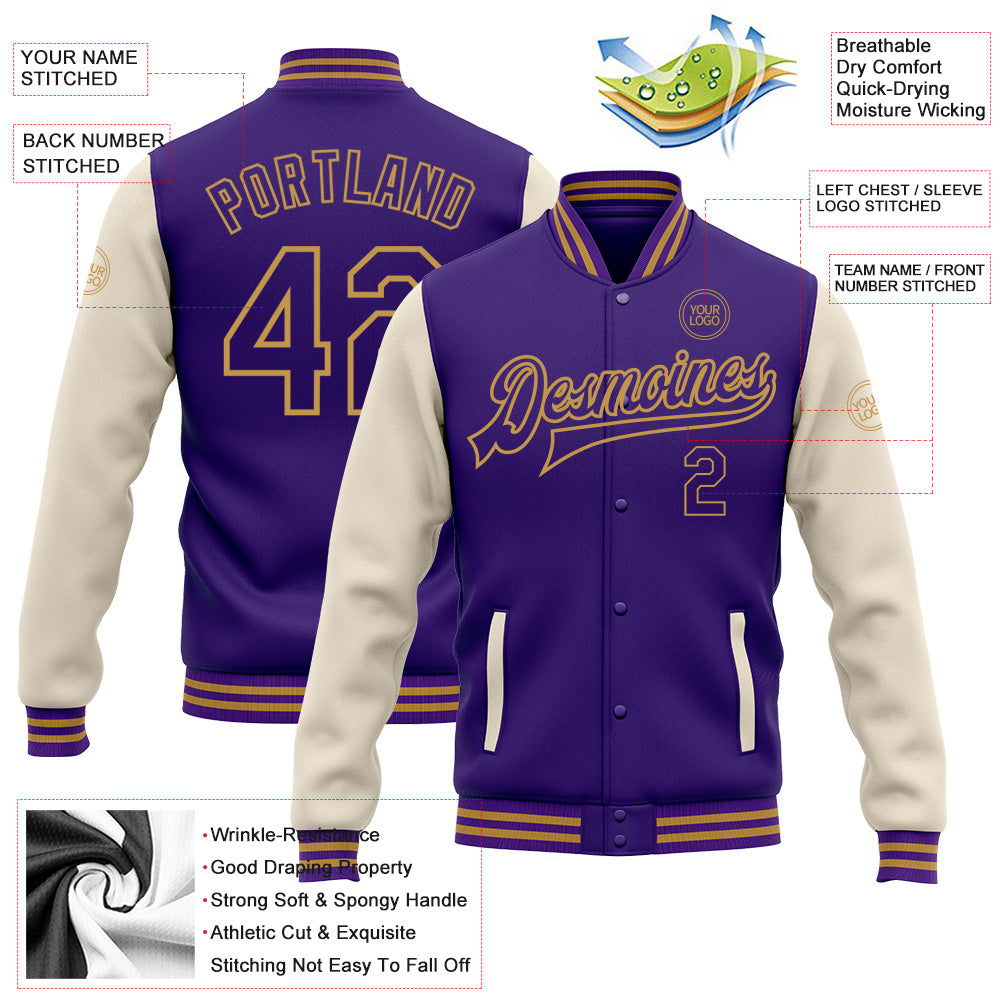 Custom Purple Cream-Old Gold Bomber Full-Snap Varsity Letterman Two Tone Jacket view 4