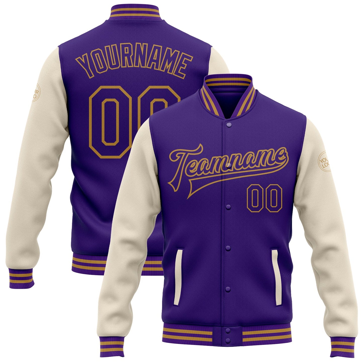 Custom Purple Cream-Old Gold Bomber Full-Snap Varsity Letterman Two Tone Jacket - Main View