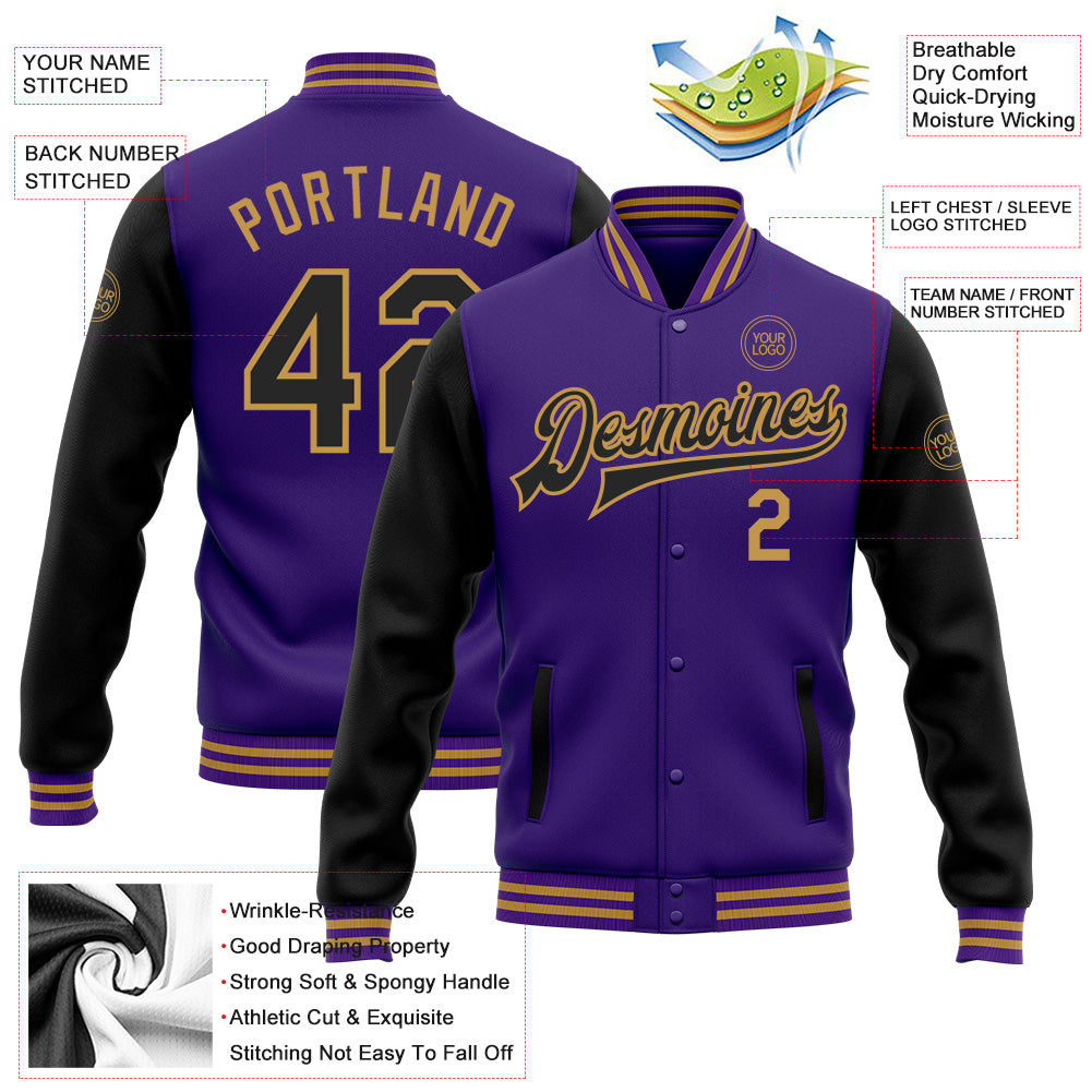 Custom Purple Black-Old Gold Bomber Full-Snap Varsity Letterman Two Tone Jacket view 4