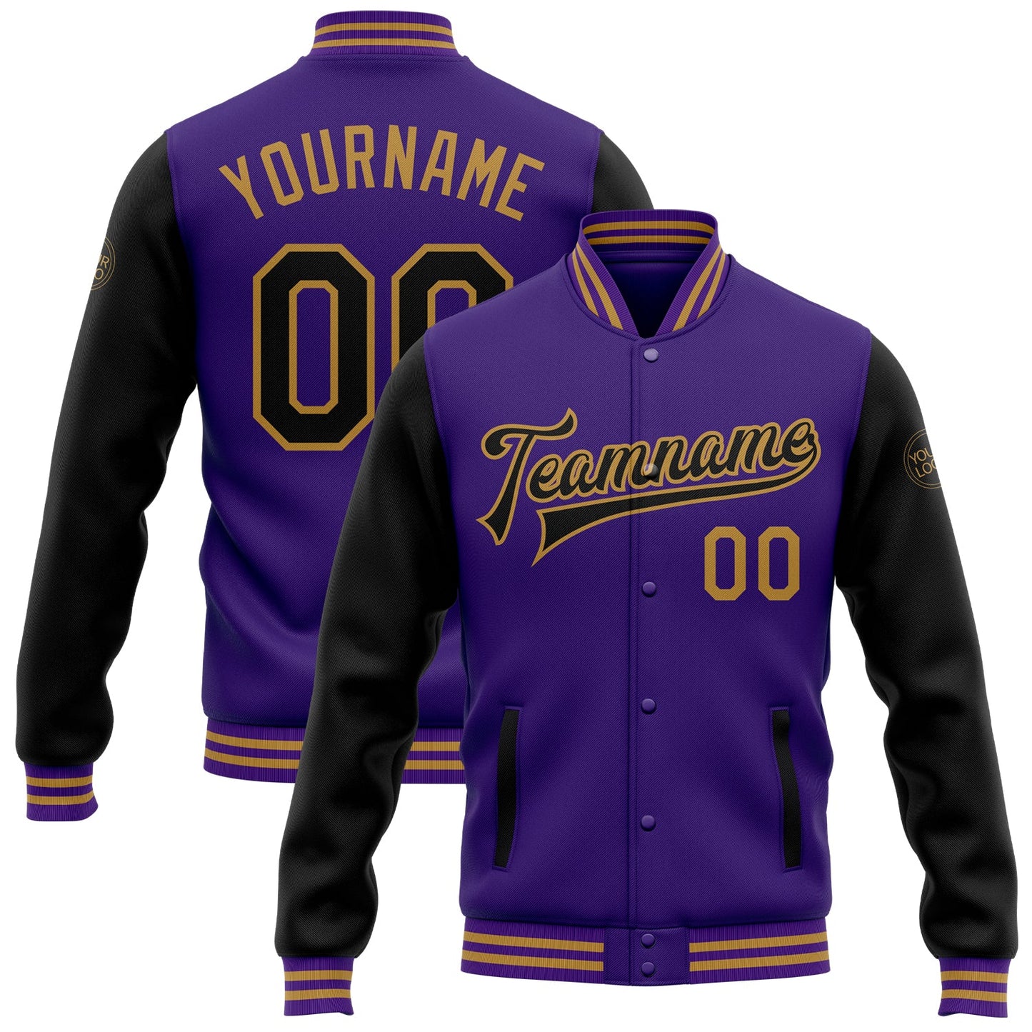 Custom Purple Black-Old Gold Bomber Full-Snap Varsity Letterman Two Tone Jacket - Main View