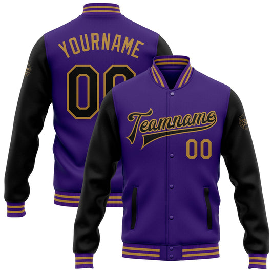 Custom Purple Black-Old Gold Bomber Full-Snap Varsity Letterman Two Tone Jacket - Main View