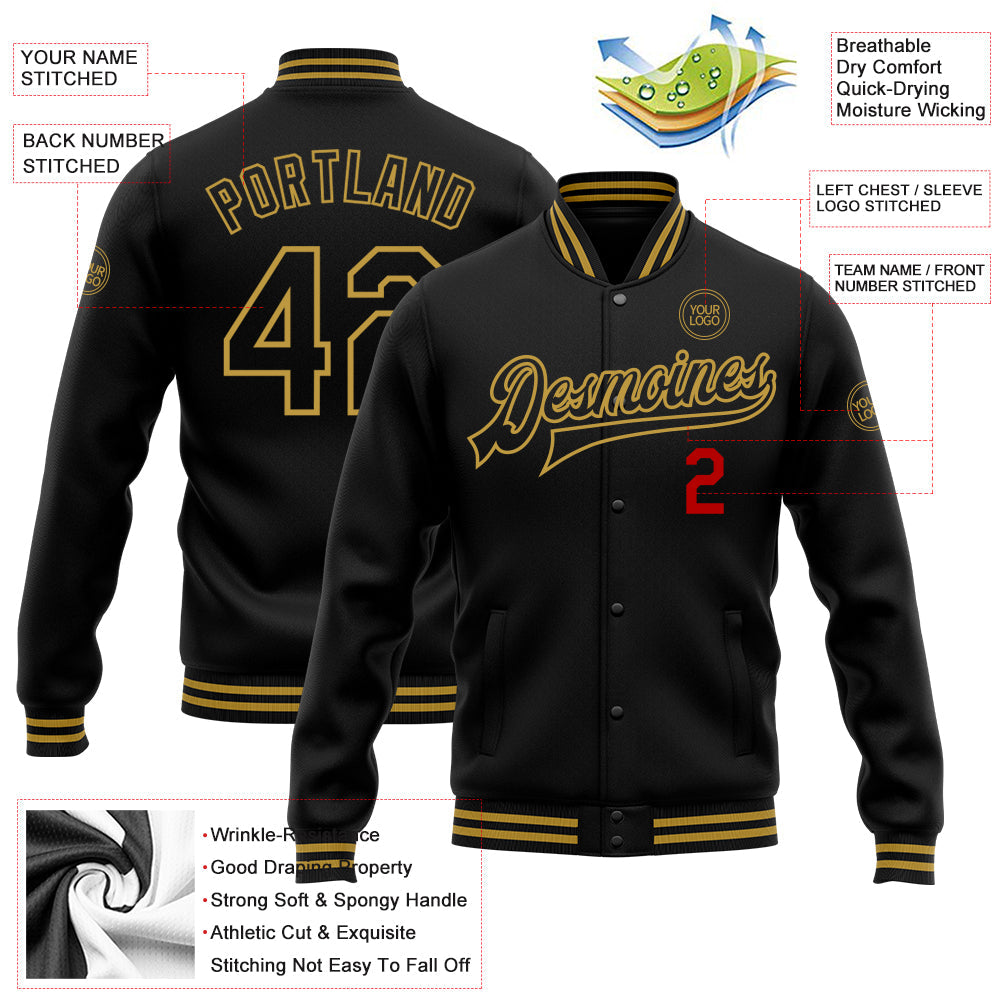 Custom Black Old Gold-Red Bomber Full-Snap Varsity Letterman Jacket view 4