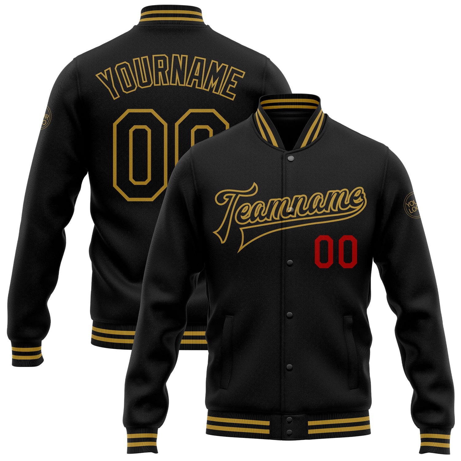 Custom Black Old Gold-Red Bomber Full-Snap Varsity Letterman Jacket - Main View