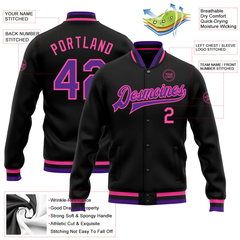 Custom Black Purple-Pink Bomber Full-Snap Varsity Letterman Jacket view 4