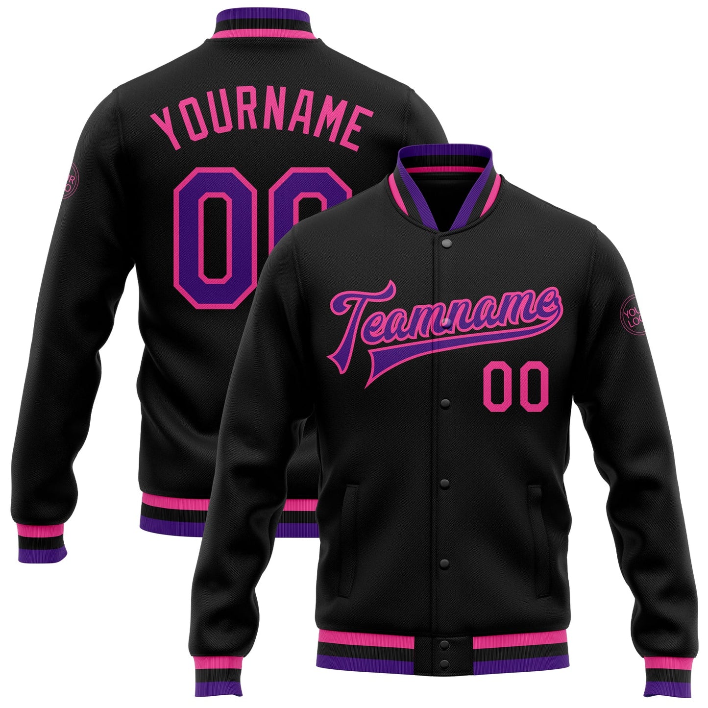 Custom Black Purple-Pink Bomber Full-Snap Varsity Letterman Jacket - Main View