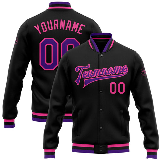 Custom Black Purple-Pink Bomber Full-Snap Varsity Letterman Jacket - Main View