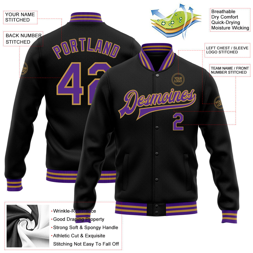 Custom Black Purple-Old Gold Bomber Full-Snap Varsity Letterman Jacket view 4