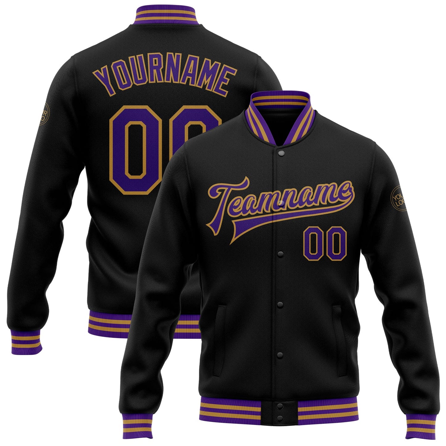 Custom Black Purple-Old Gold Bomber Full-Snap Varsity Letterman Jacket - Main View