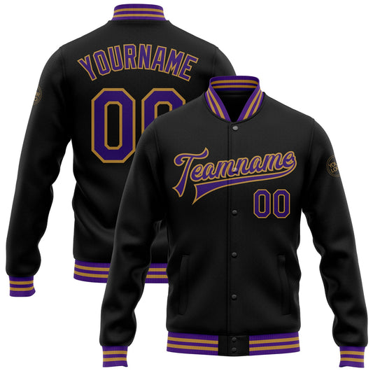 Custom Black Purple-Old Gold Bomber Full-Snap Varsity Letterman Jacket - Main View