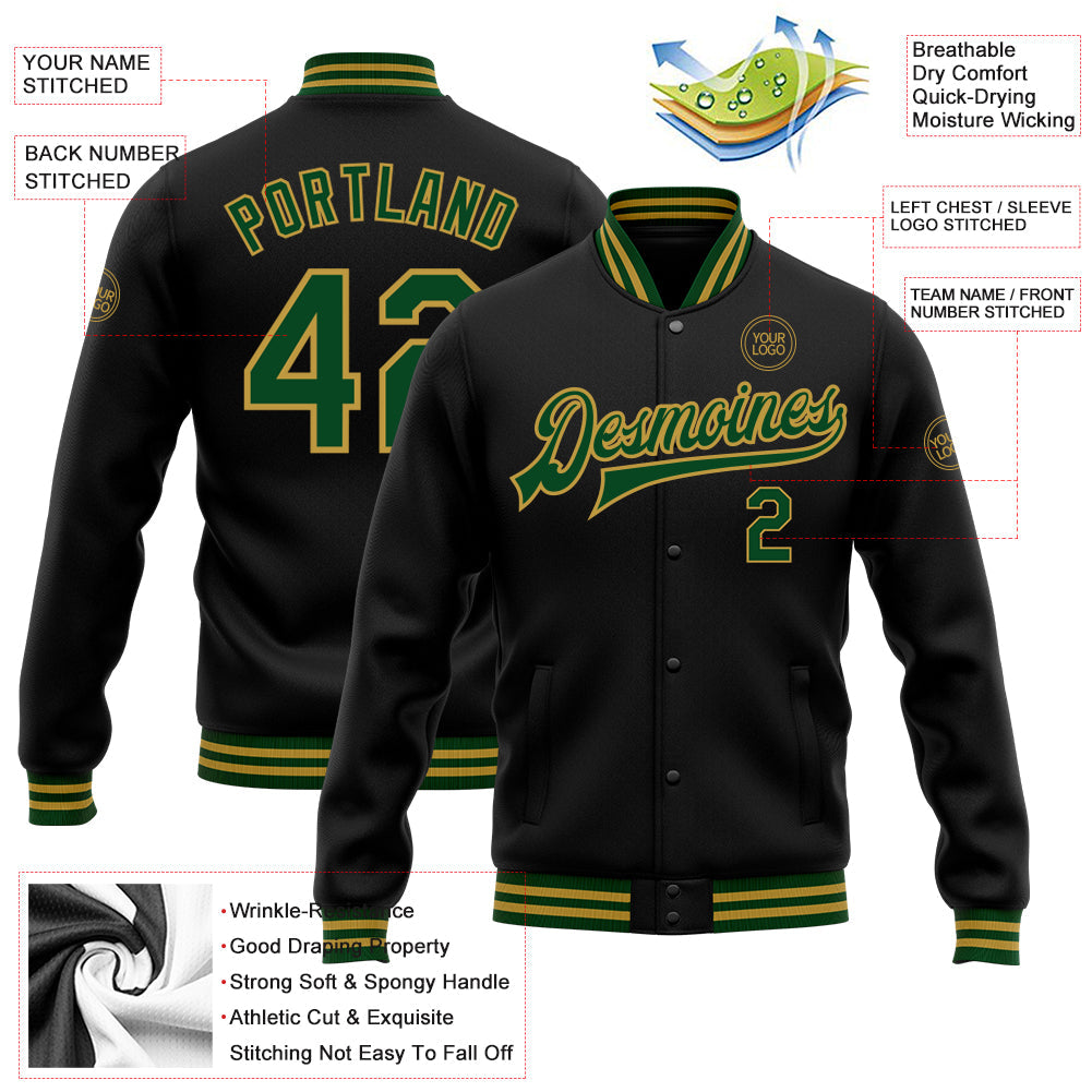 Custom Black Green-Old Gold Bomber Full-Snap Varsity Letterman Jacket view 4