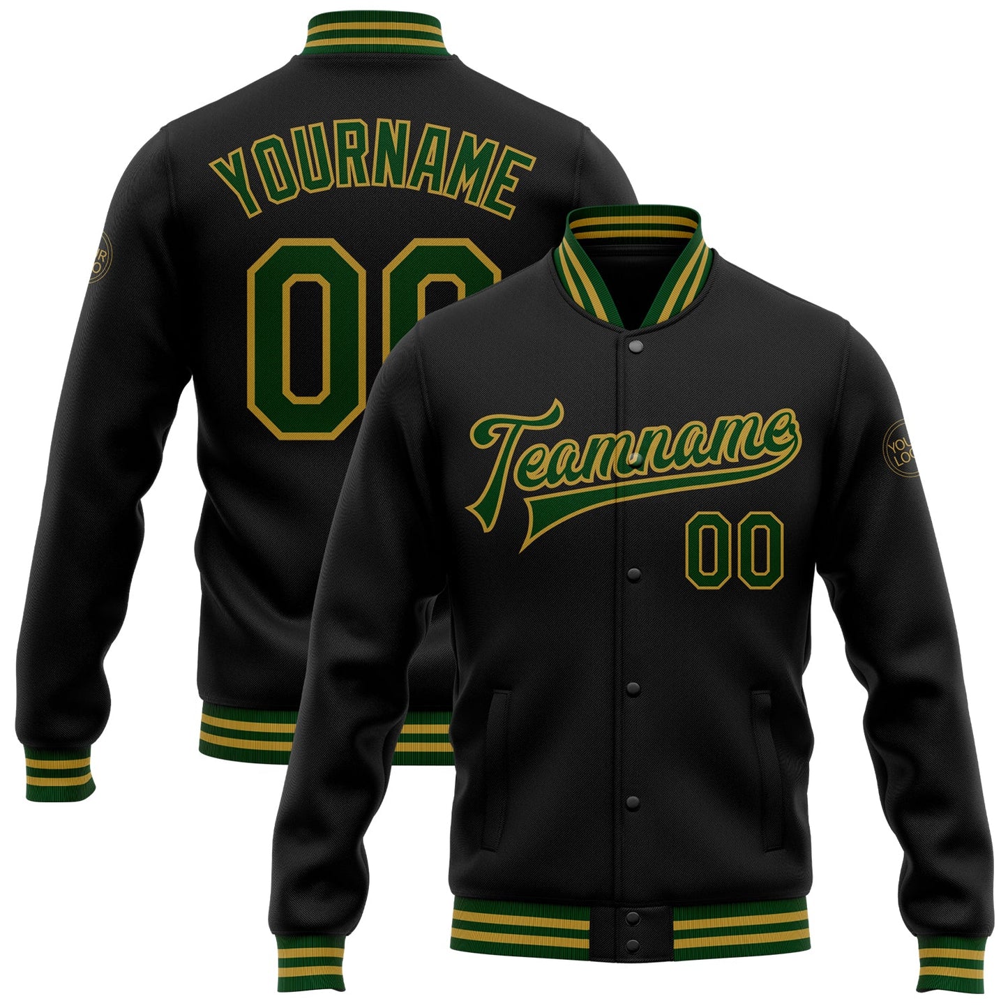 Custom Black Green-Old Gold Bomber Full-Snap Varsity Letterman Jacket - Main View