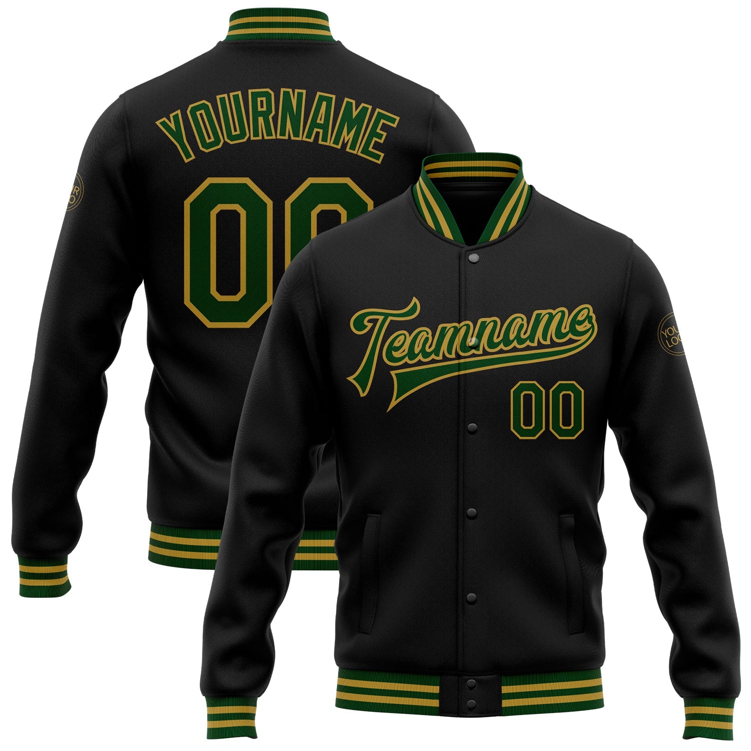Custom Black Green-Old Gold Bomber Full-Snap Varsity Letterman Jacket - Main View
