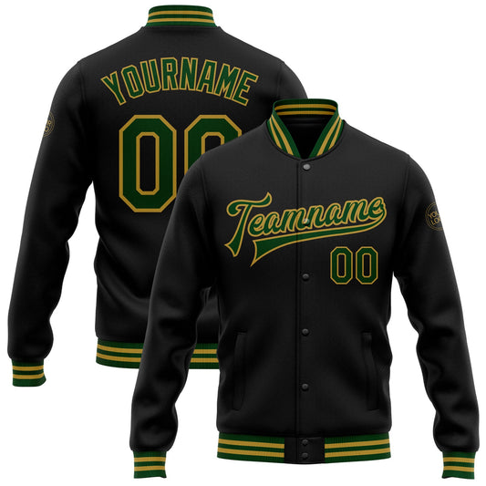 Custom Black Green-Old Gold Bomber Full-Snap Varsity Letterman Jacket - Main View