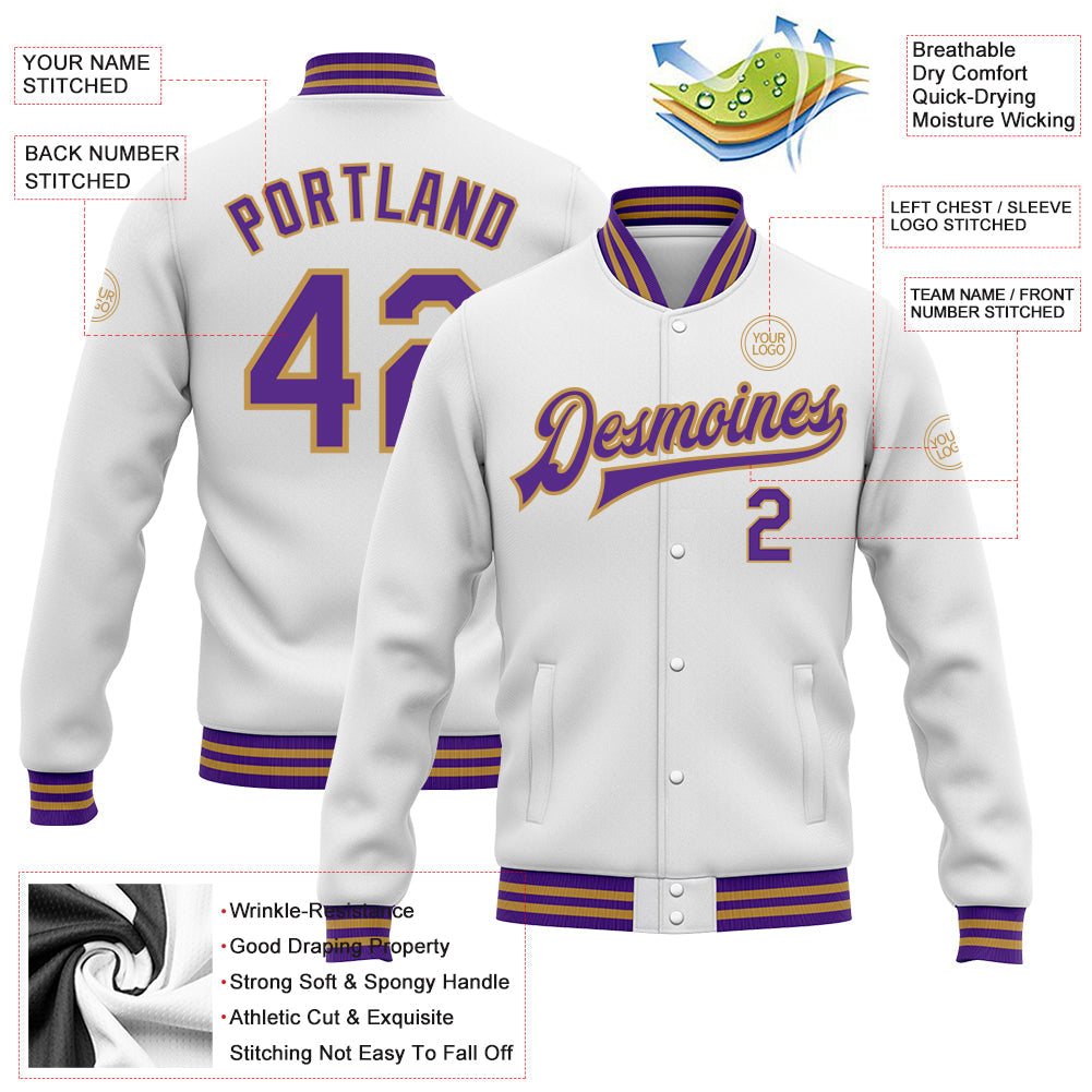 Custom White Purple-Old Gold Bomber Full-Snap Varsity Letterman Jacket view 4
