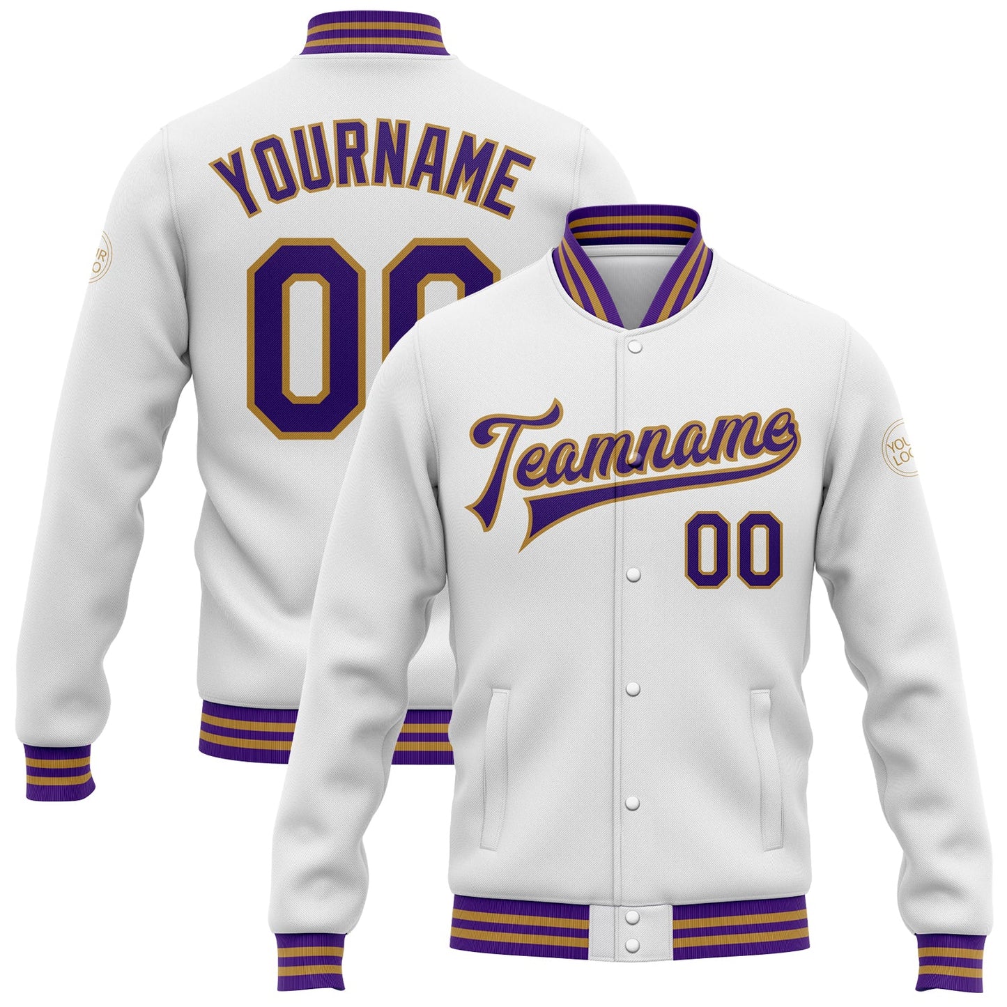Custom White Purple-Old Gold Bomber Full-Snap Varsity Letterman Jacket - Main View
