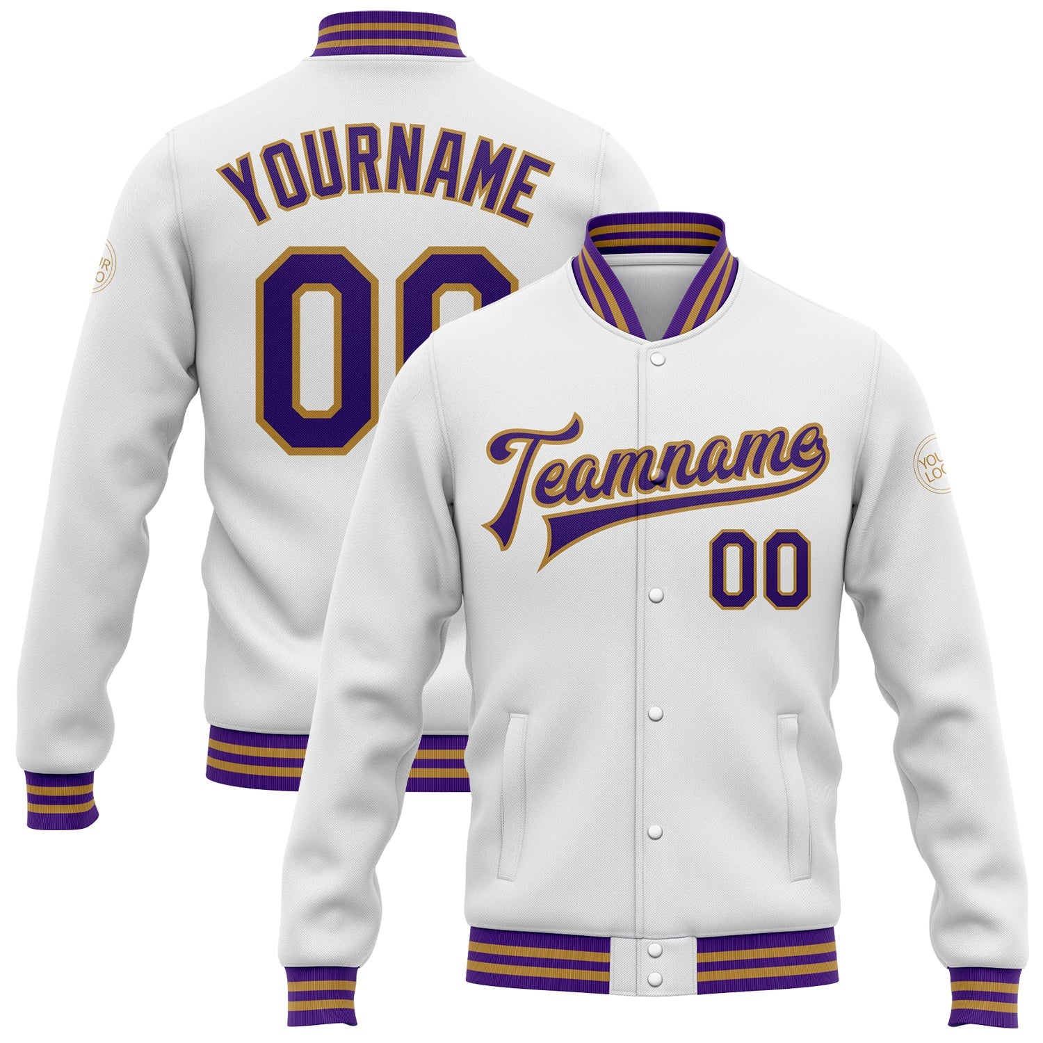 Custom White Purple-Old Gold Bomber Full-Snap Varsity Letterman Jacket - Main View