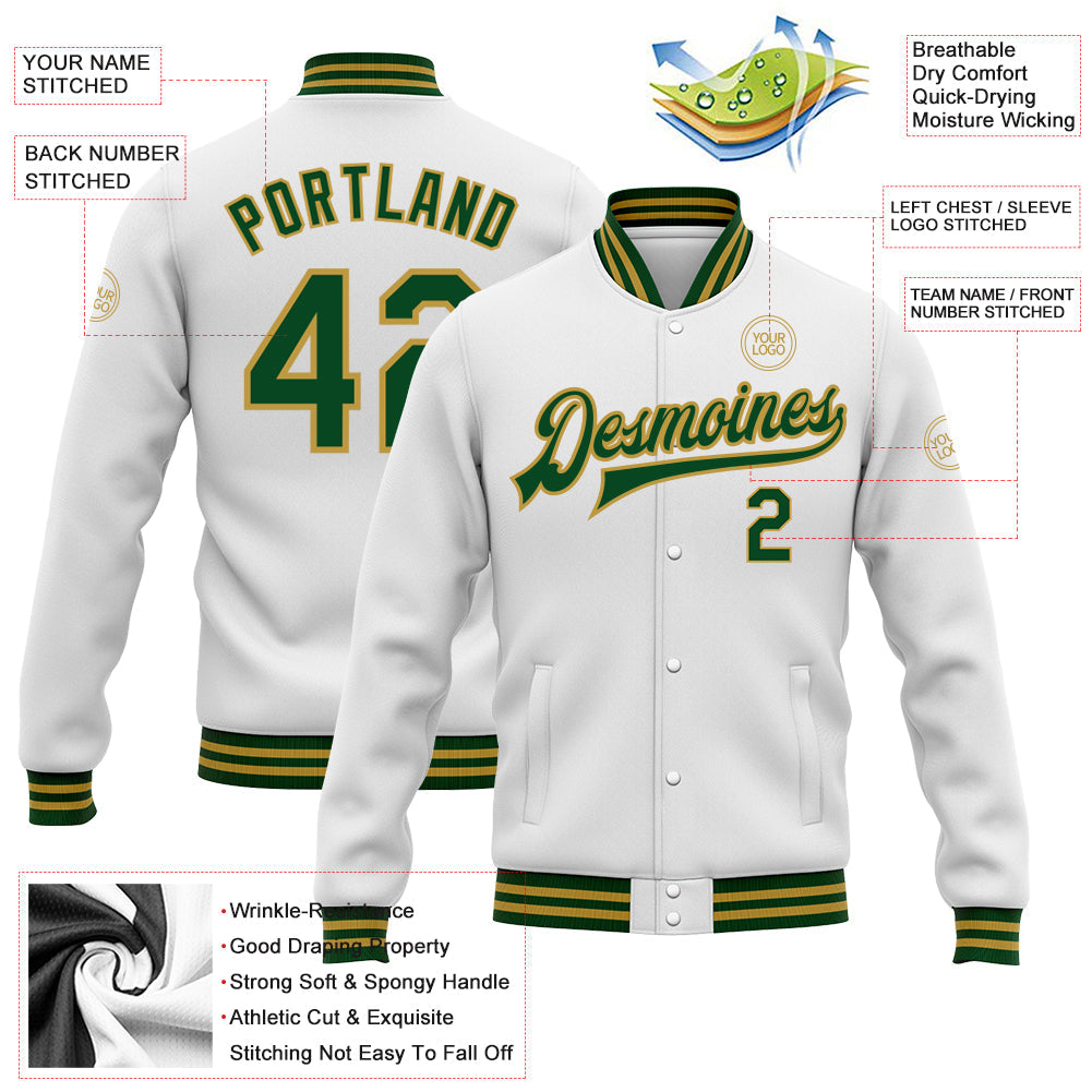 Custom White Green-Old Gold Bomber Full-Snap Varsity Letterman Jacket view 4