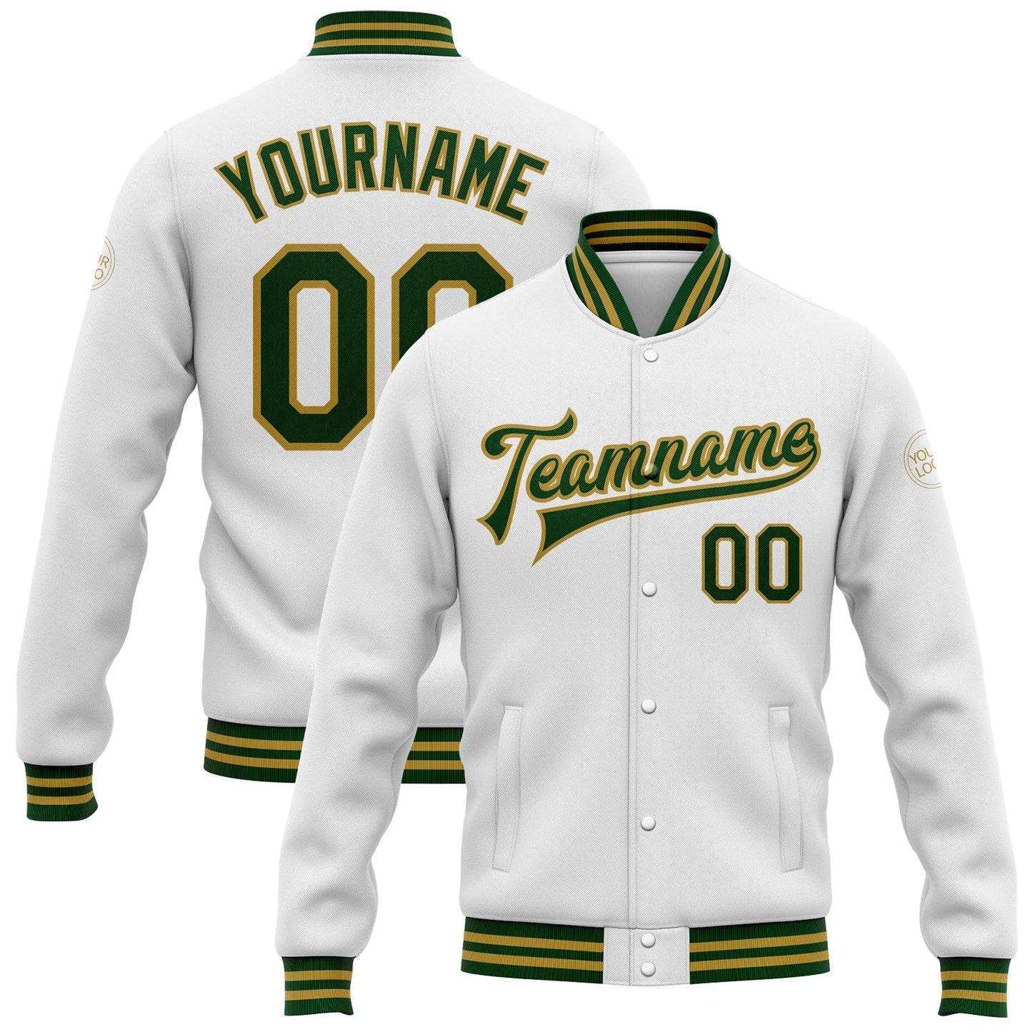 Custom White Green-Old Gold Bomber Full-Snap Varsity Letterman Jacket - Main View