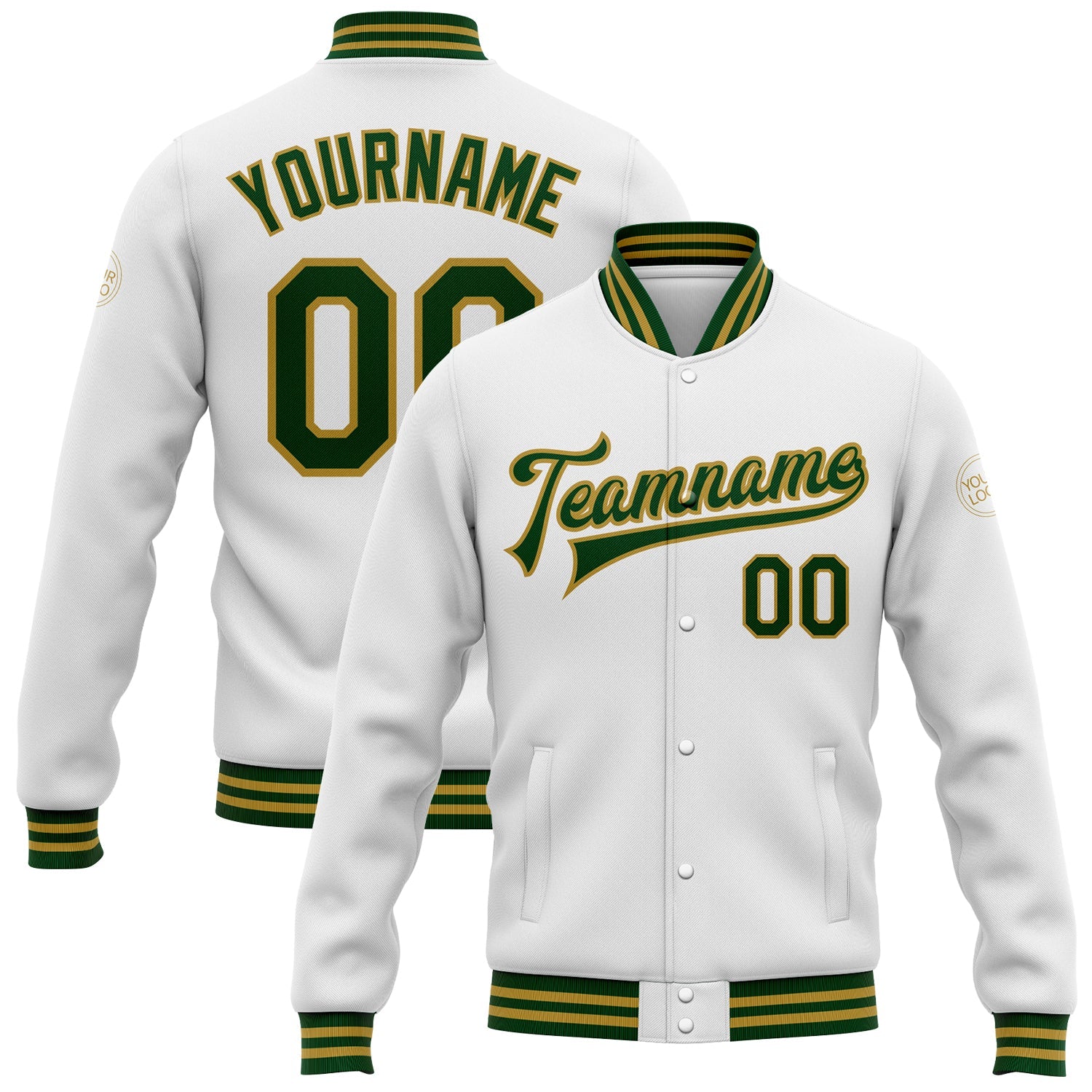 Custom White Green-Old Gold Bomber Full-Snap Varsity Letterman Jacket - Main View