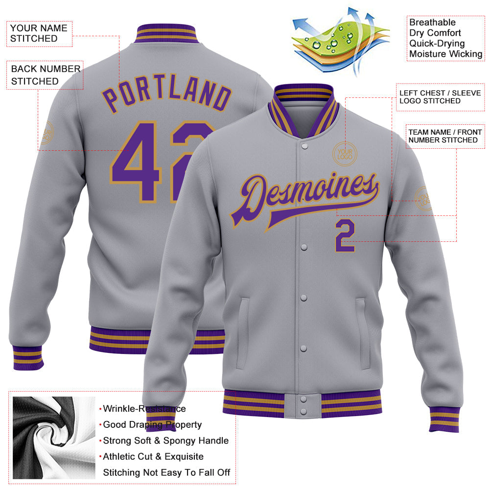 Custom Gray Purple-Old Gold Bomber Full-Snap Varsity Letterman Jacket view 4